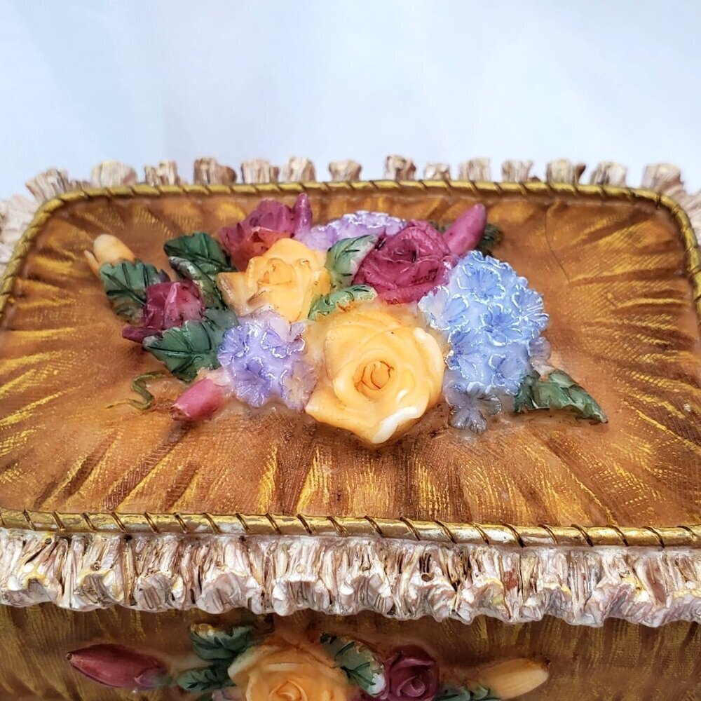 VTG Victorian Floral Jewelry Trinket Box With Raised Rose Design & Gold Accents - Picture 3 of 15